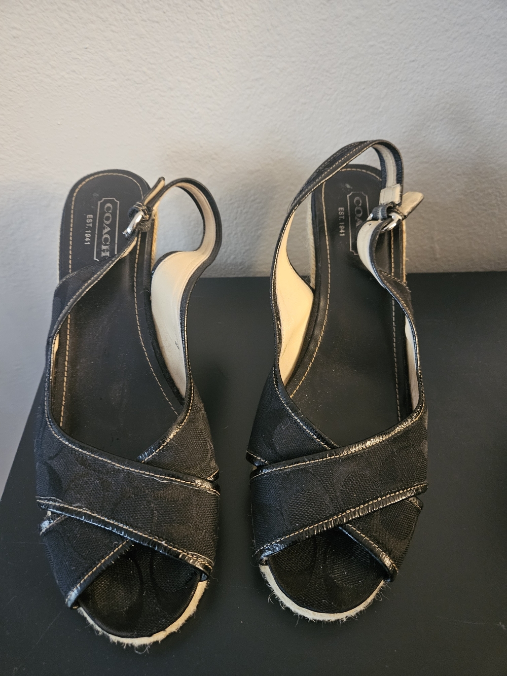 Coach Black Canvas Cross-Strap Slingback Sandals